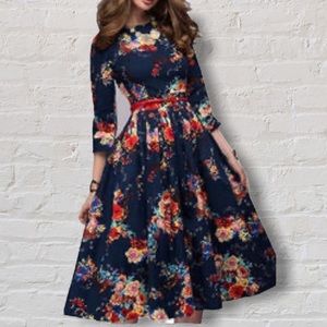 L Show Navy Floral Retro Long Sleeve Pleated Full A-line Below Knee Dress